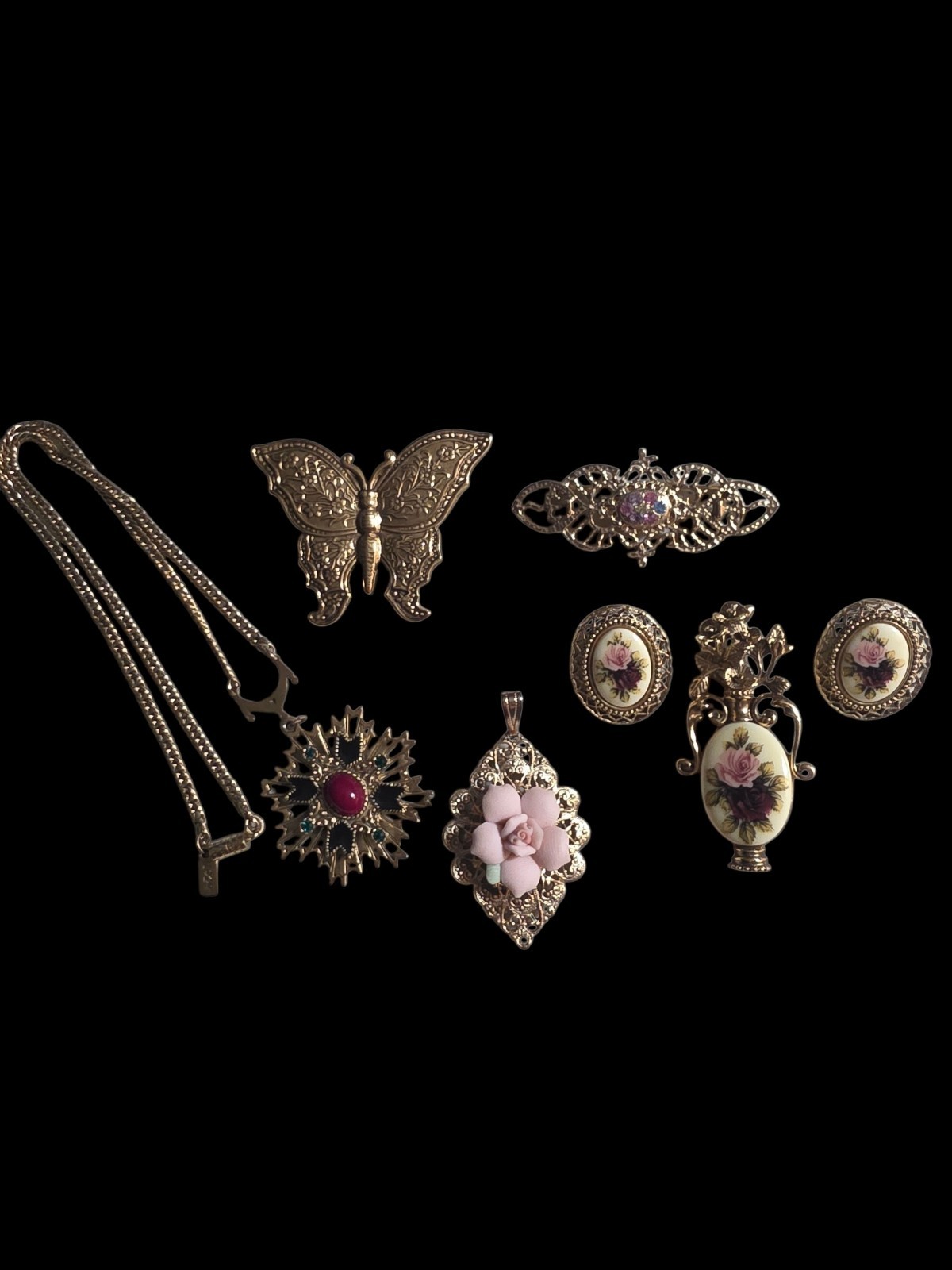 Vintage 1928 Jewelry Lot Necklace Brooch Earrings Pendant