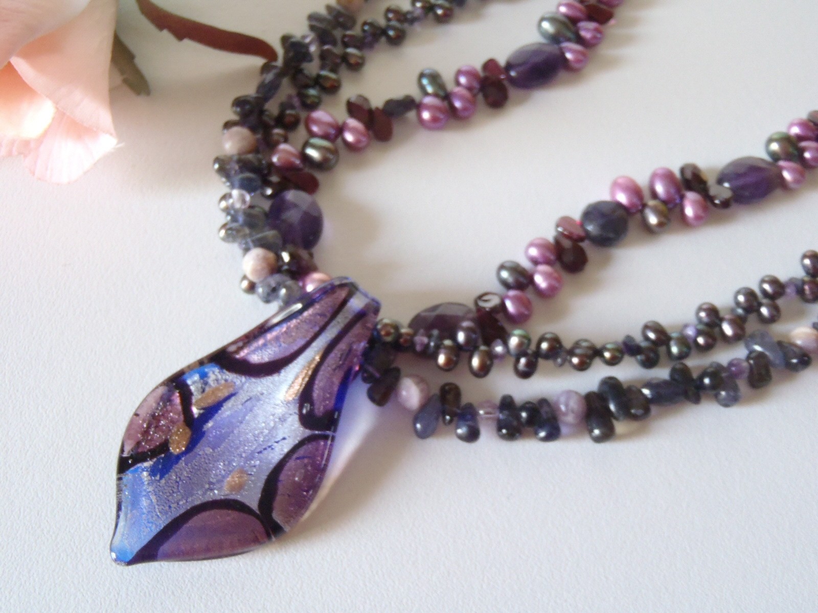 Shades of Purple Glass & Pearl Beaded Triple Strand Necklace Art Glass Pendant