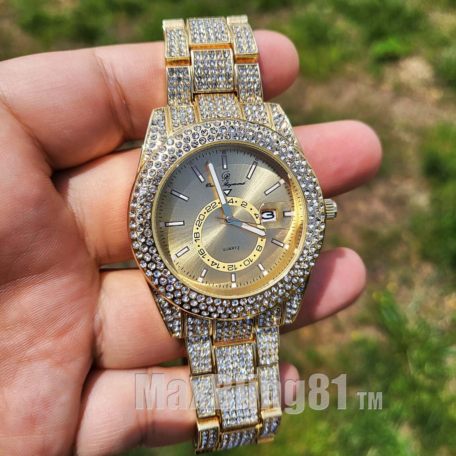 Men Hip Hop Style Iced Bling Gold PT Rapper’s Lab Diamond Date Metal Bling Watch