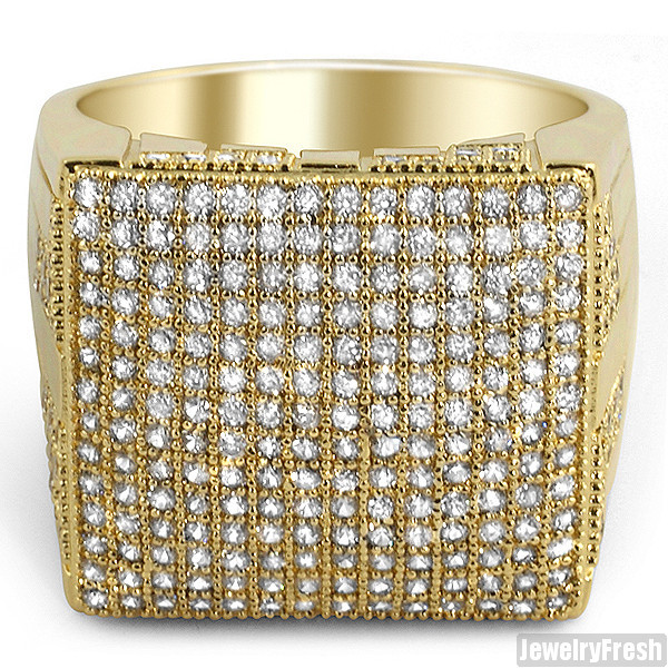 Gold Tone Fully Iced Out Micropave Square Large Mens Ring