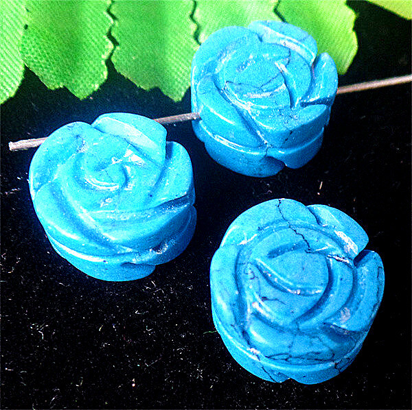 3Pcs 15x8mm Blue Turquoise Carved Flower Heigth Holes Loose Beads DIY BQ69211