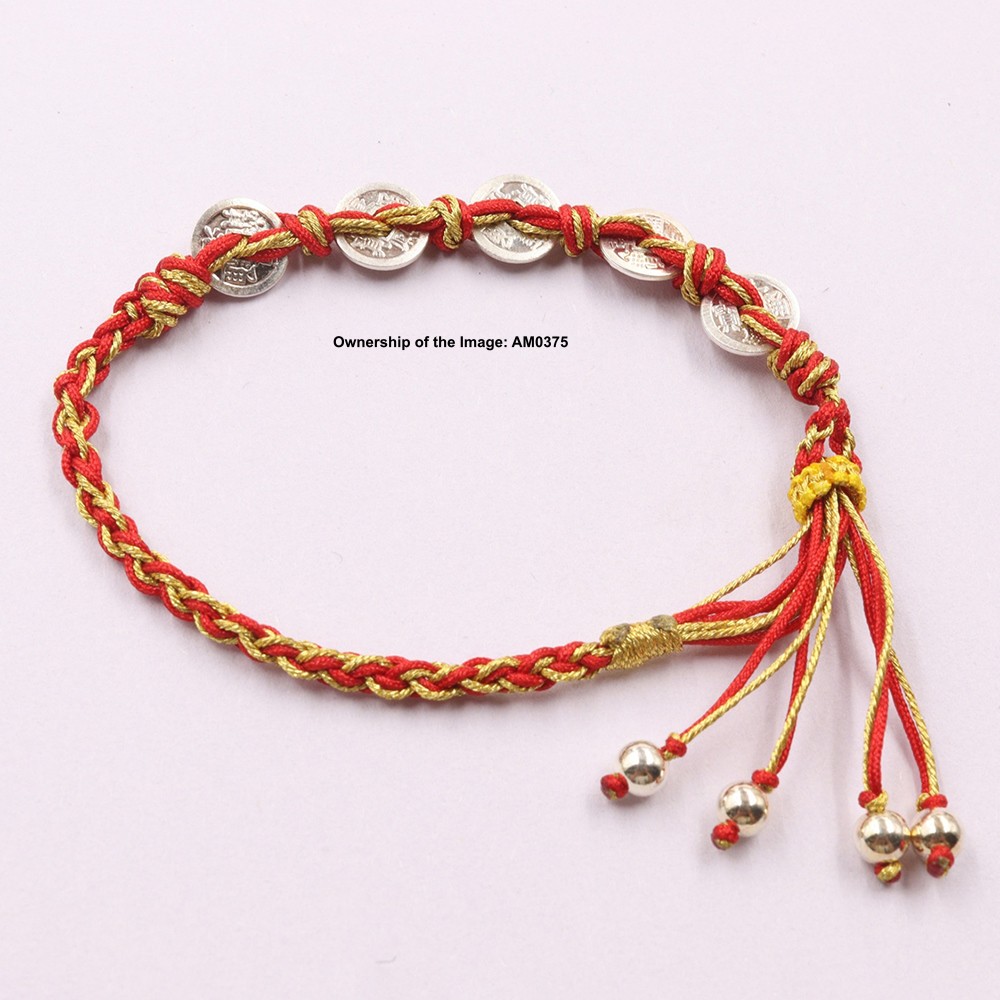 Pure 999 Fine Silver Bracelet 5pcs Coin-Bead Cord Knitted Adjustable Bracelet