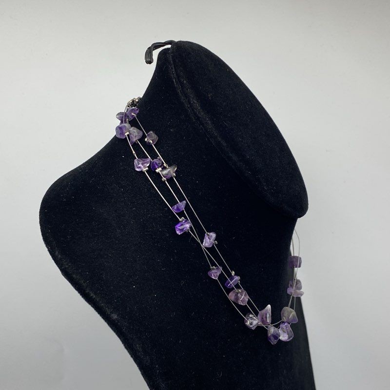 Sterling Silver 925 Amethyst Chip Triple Strand Floating Illusion Necklace 18″