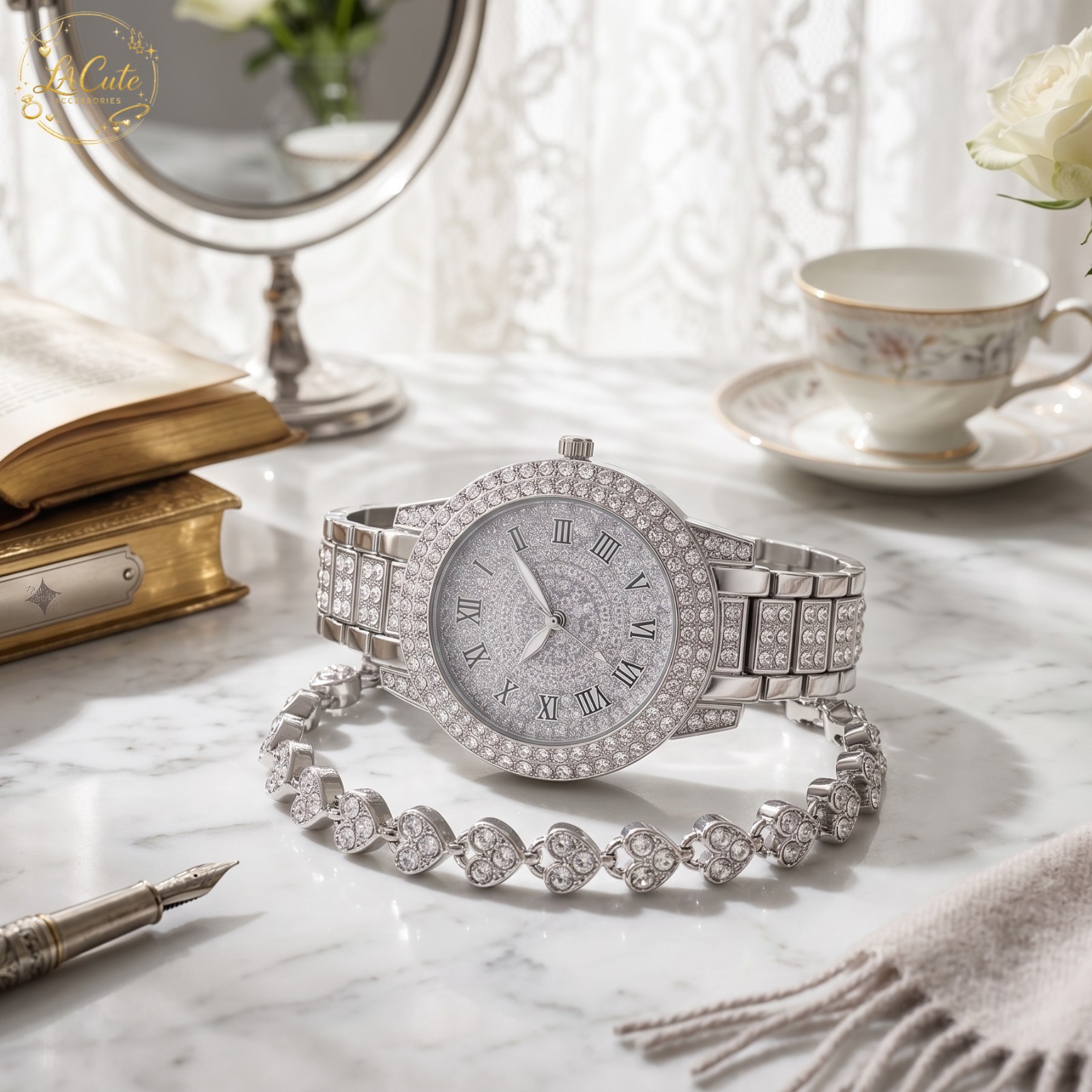 [US STOCK] Luxury Crystal Women Watch Bracelet Set Iced Out Diamond Quartz Gift