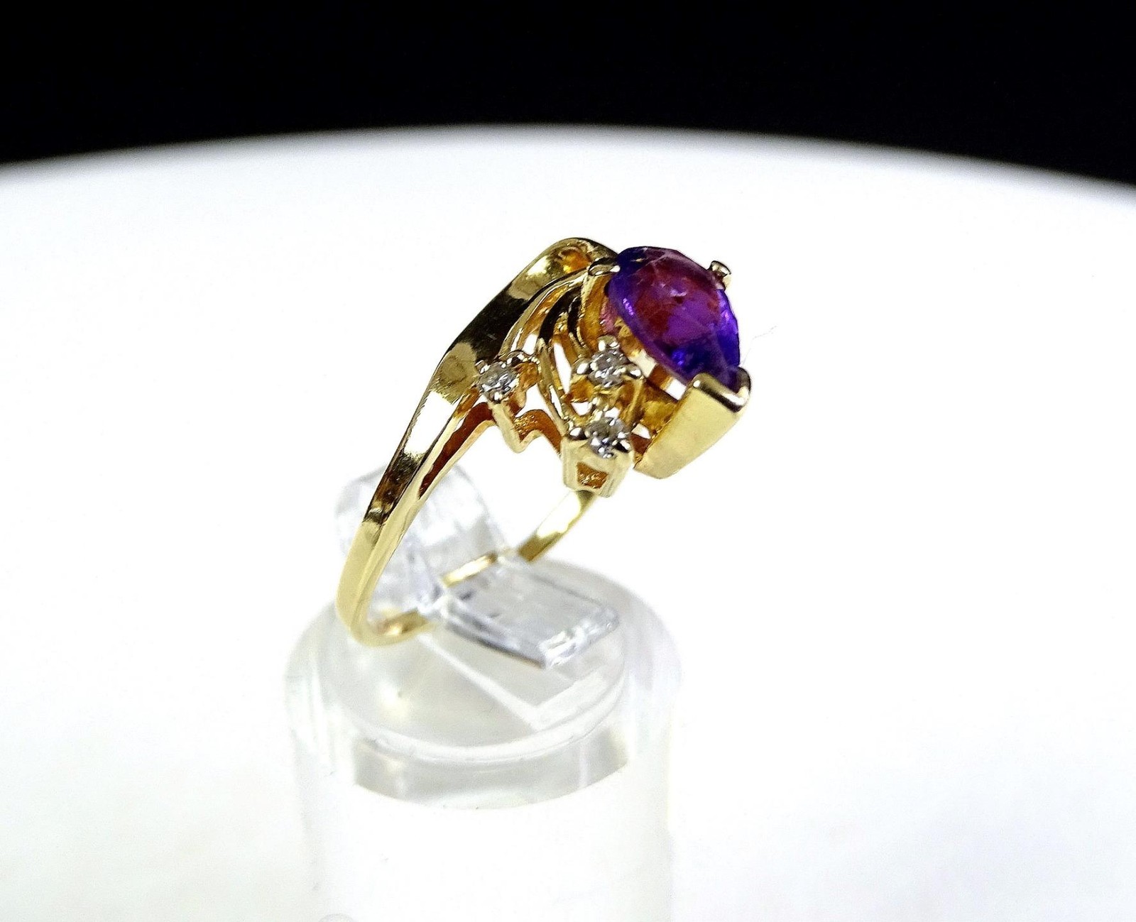 14K Yellow Solid Gold 3.2 Grams Size 6.5″ Pear Shape Amethyst Diamond Ring 1980