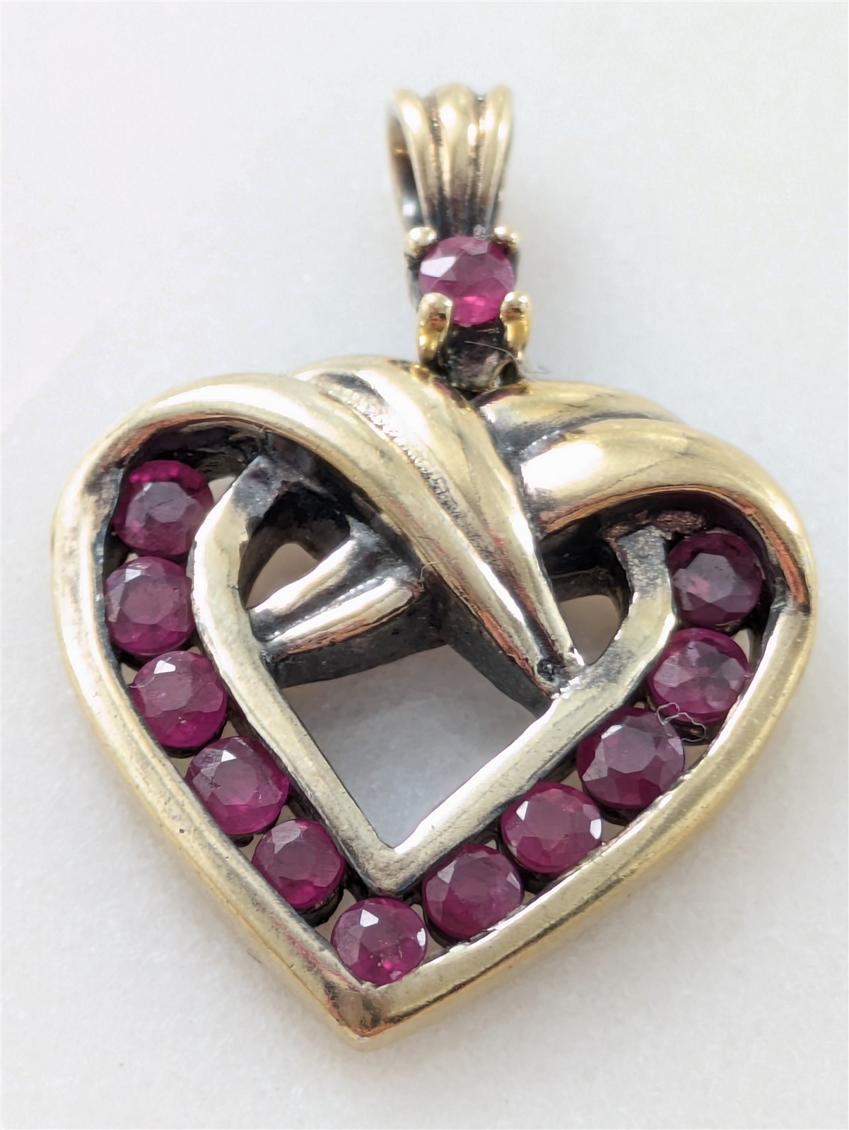 Vintage Solid Sterling Silver Gold Color Heart Pendant Red Gemstones 3 Grams