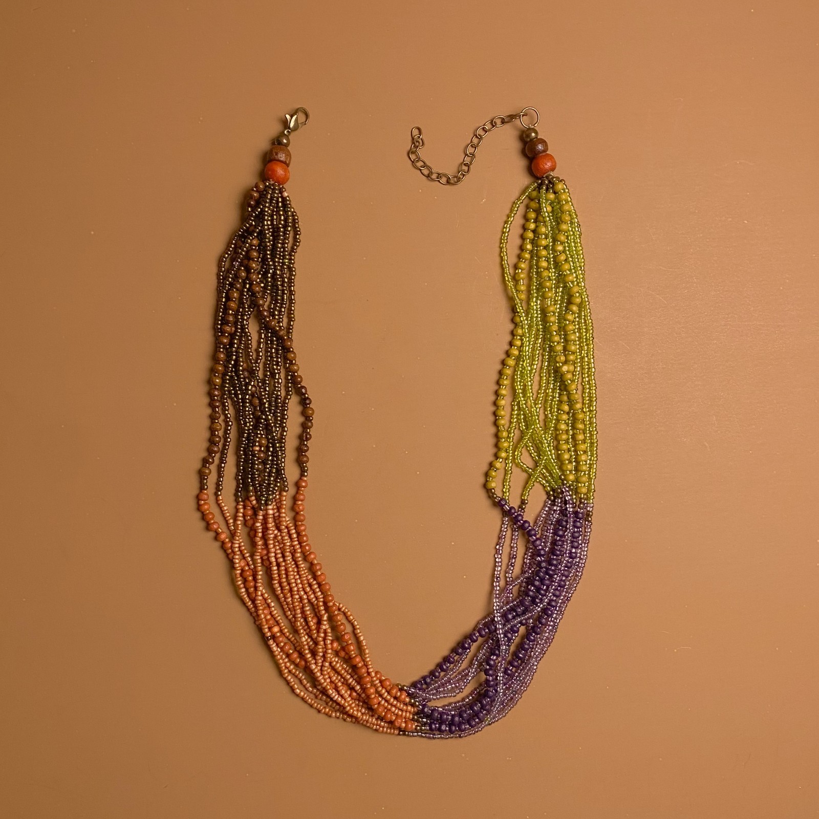 Tribal Boho Earth Tone Multi Strand Glass Wood Seed Beaded Torsade Necklace