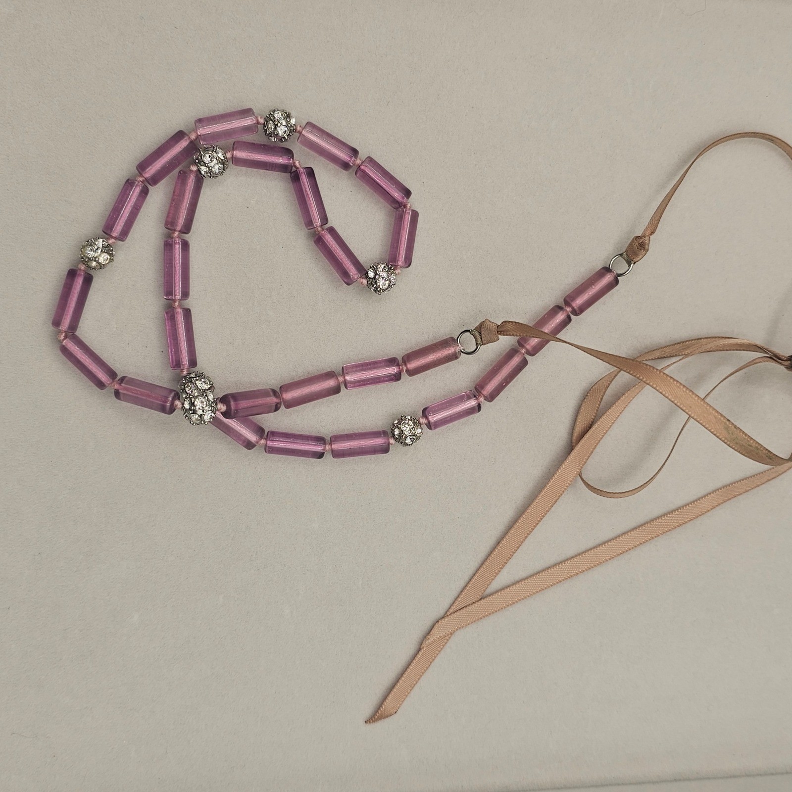 Lavender Purple Tube Bead Ribbon Tie Necklace Rhinestone Bead Spacers Coquette