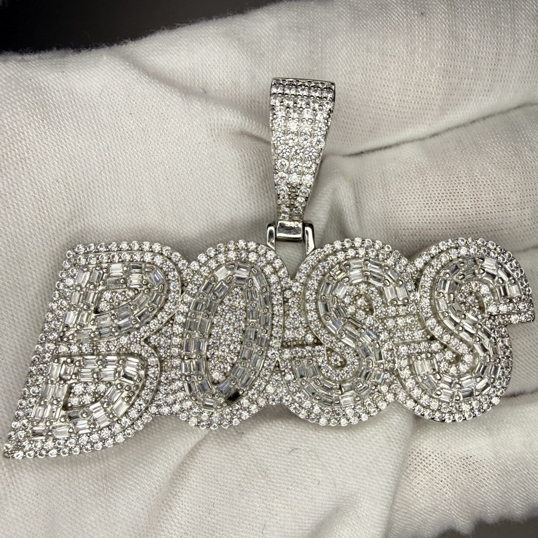 925 Sterling Silver BOSS Pendant Iced Out CZ Hip Hop Charm