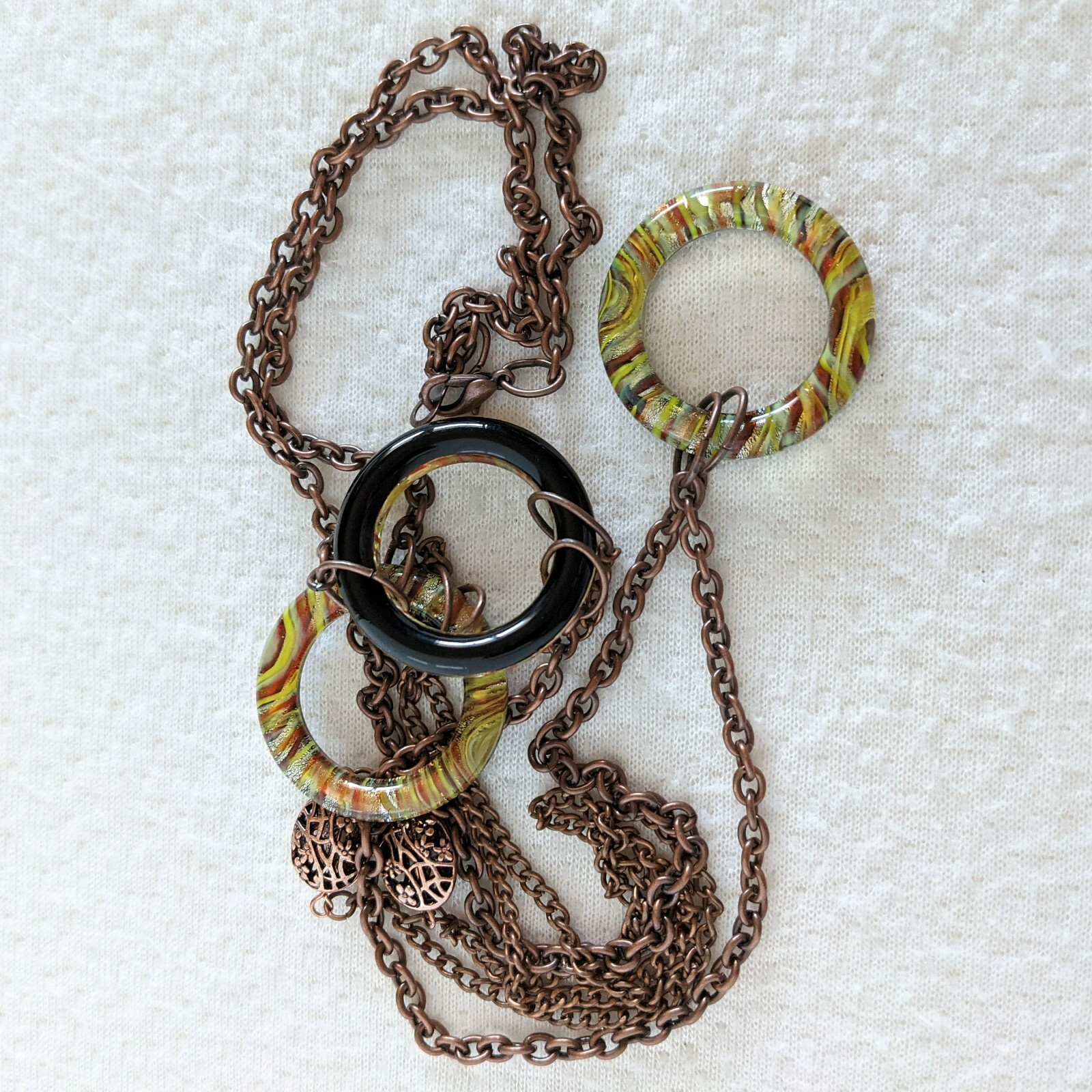 Copper Tone Multi Chain & Colorful Striped Art Glass Circle Beaded 29″ Necklace