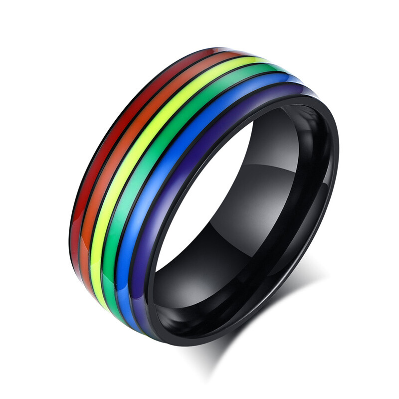 8mm Rainbow Color Love Gay Pride Lesbian Men’s Ring Stainless Steel Striped Band