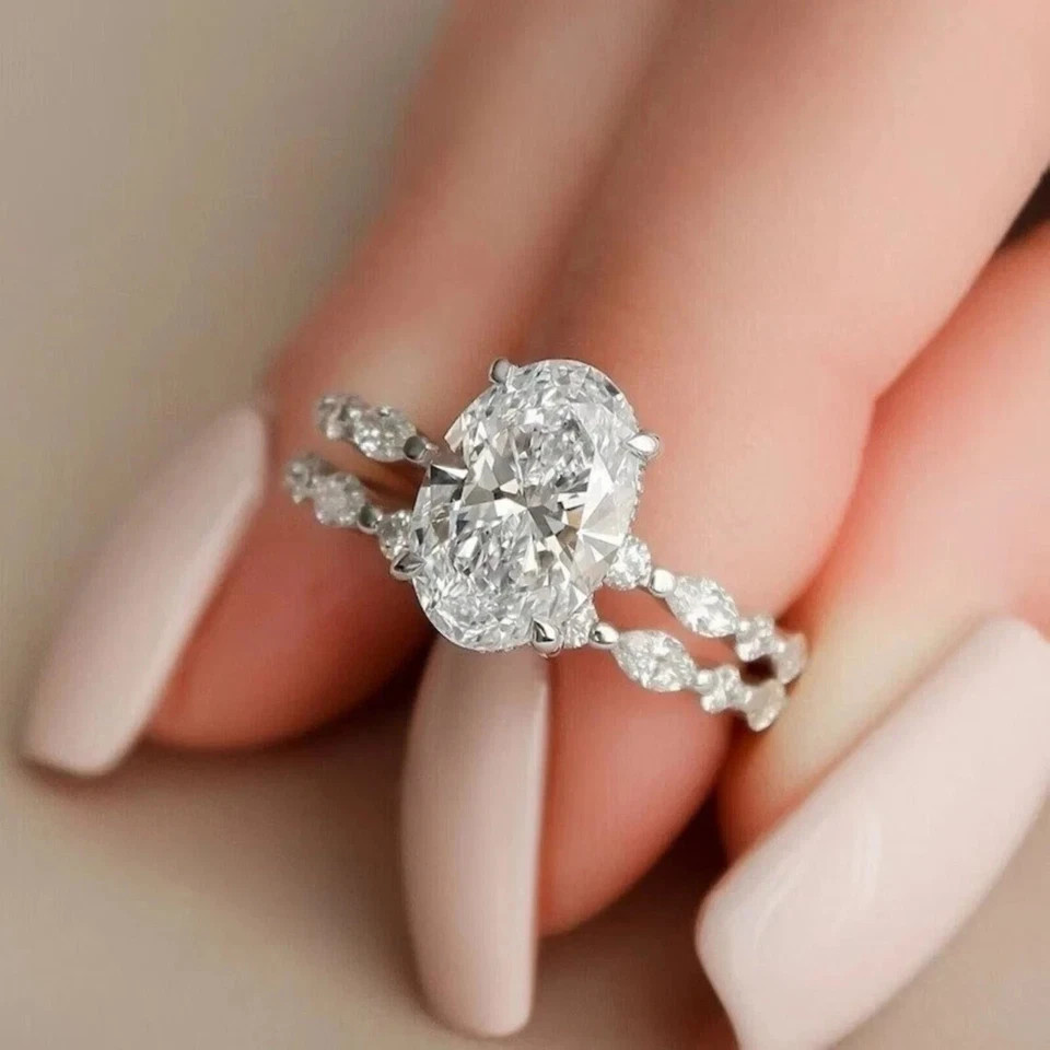 2.80Ctw Oval Cut Moissanite Bridal Engagement Ring Sets 14K White Gold Plated