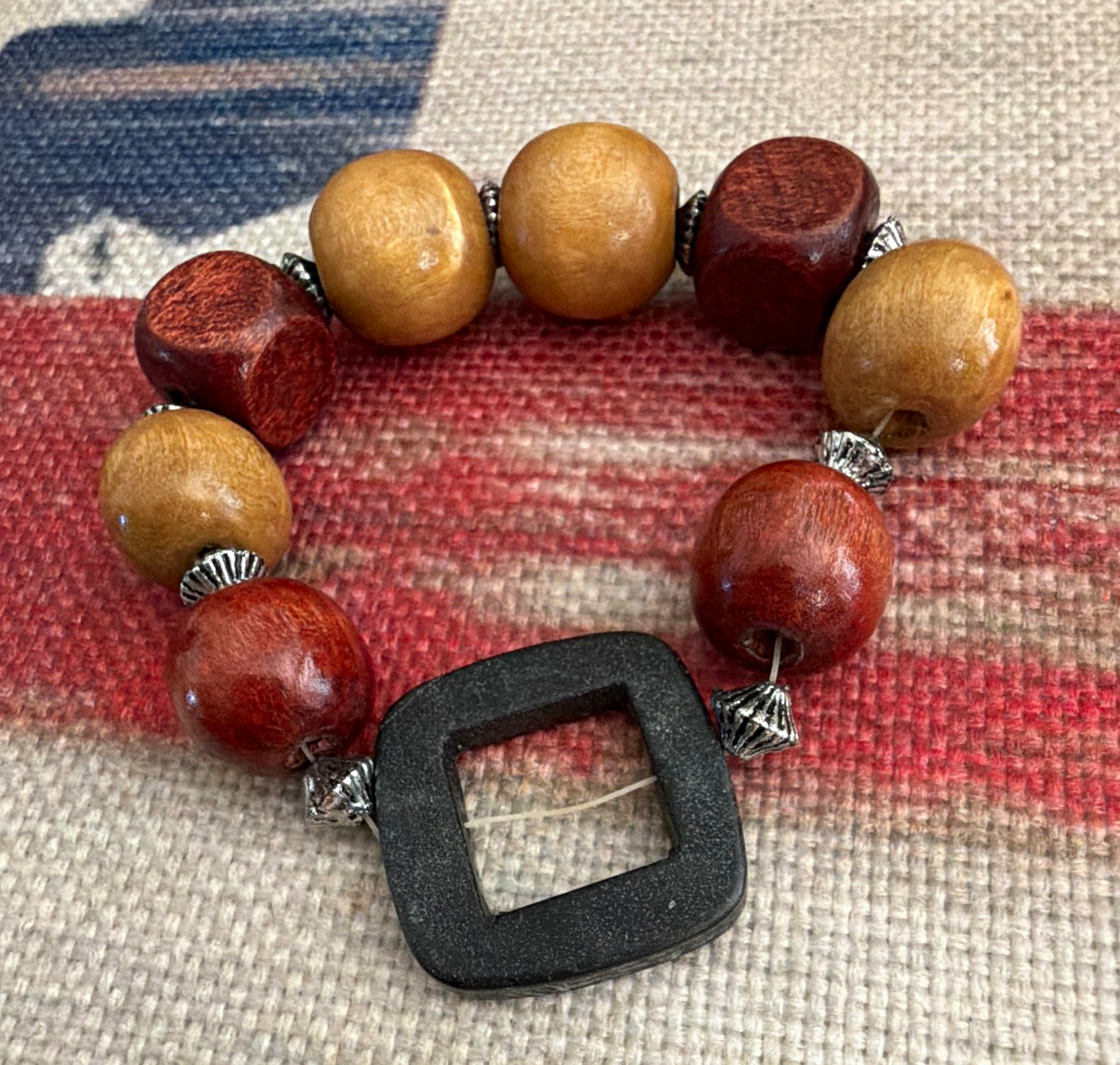 Stretch Wood Bead Bracelet Brown Tan Black Square Center Bead Silver Spacers