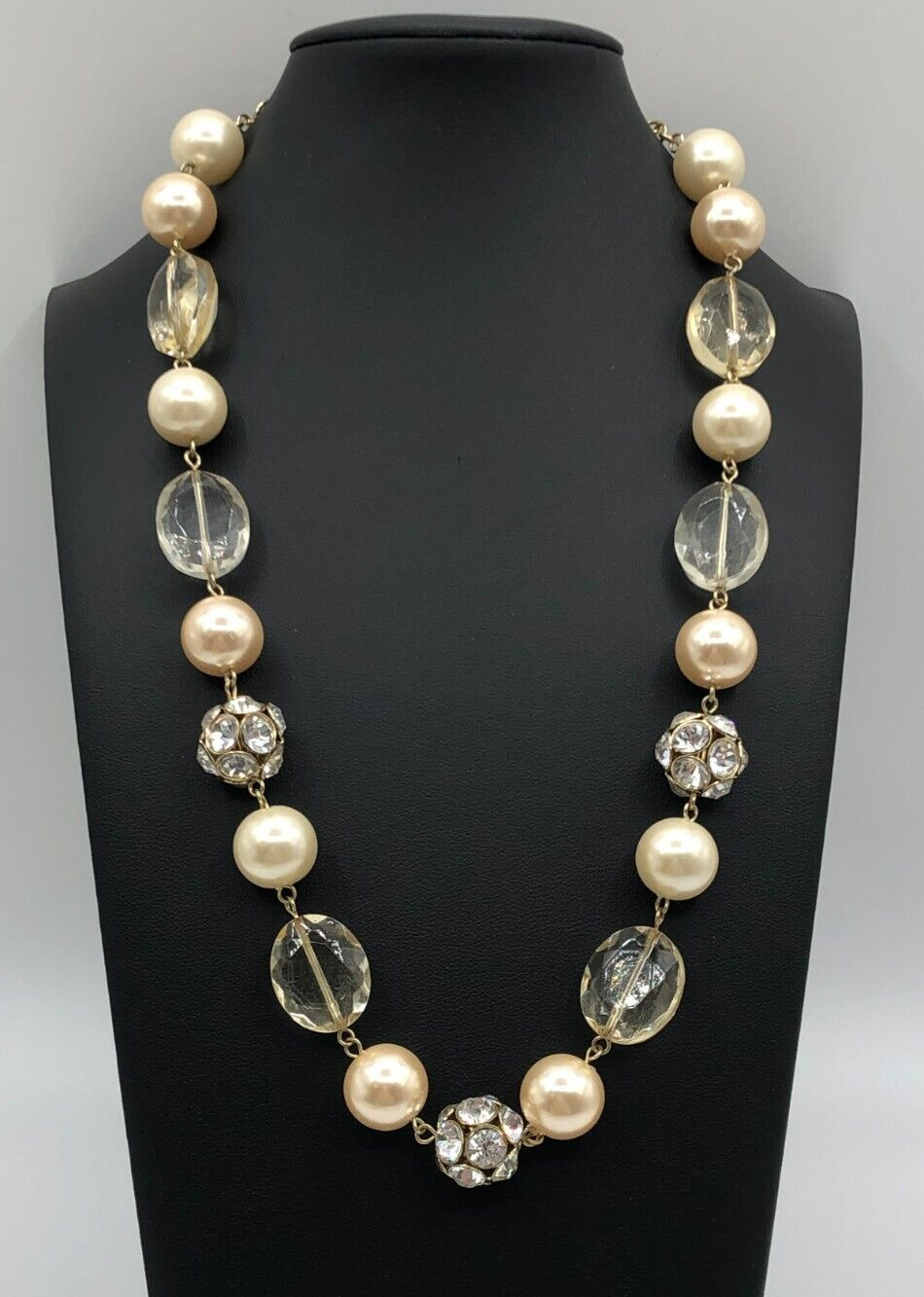 Vtg Cream & Champagne Faux Pearl Necklace Rhinestone Balls, Acrylic Crystals