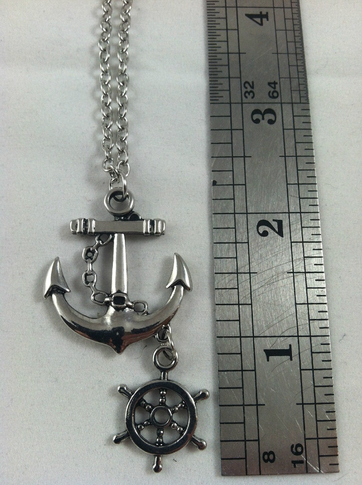Anchor & dangle Nautical wheel charm Navy wife military silver tone Necklace