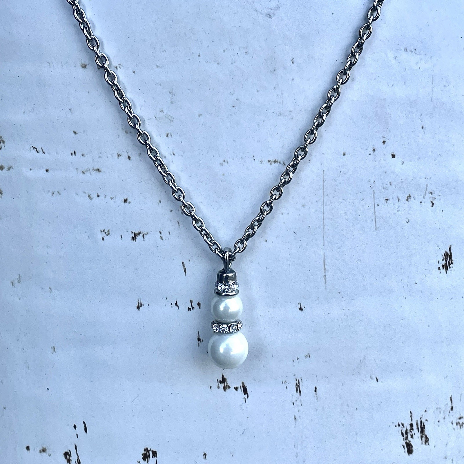 Charter Club Faux Pearl Rhinestone Pendant Necklace Silver Tone Signed 18-20”