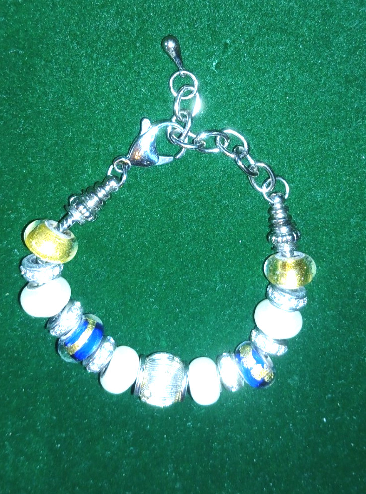 Bella Perlina Charm Bracelet in Blue, Silver, Yellow, Pearl Tone & Rhinestone bd