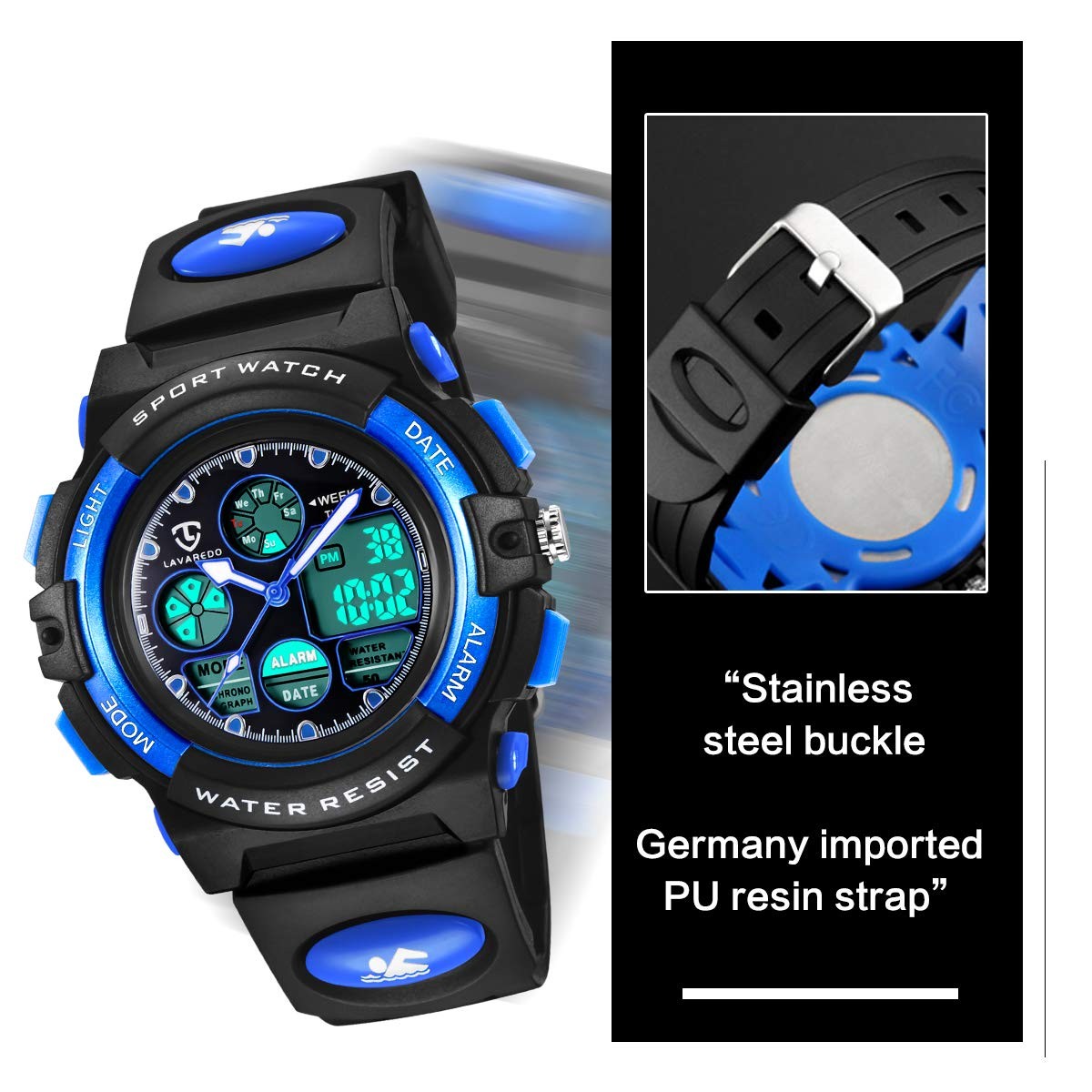 Bomieux Kids Analog Digital Waterproof Watch, Alarm, Stopwatch, Ages 01-Blue