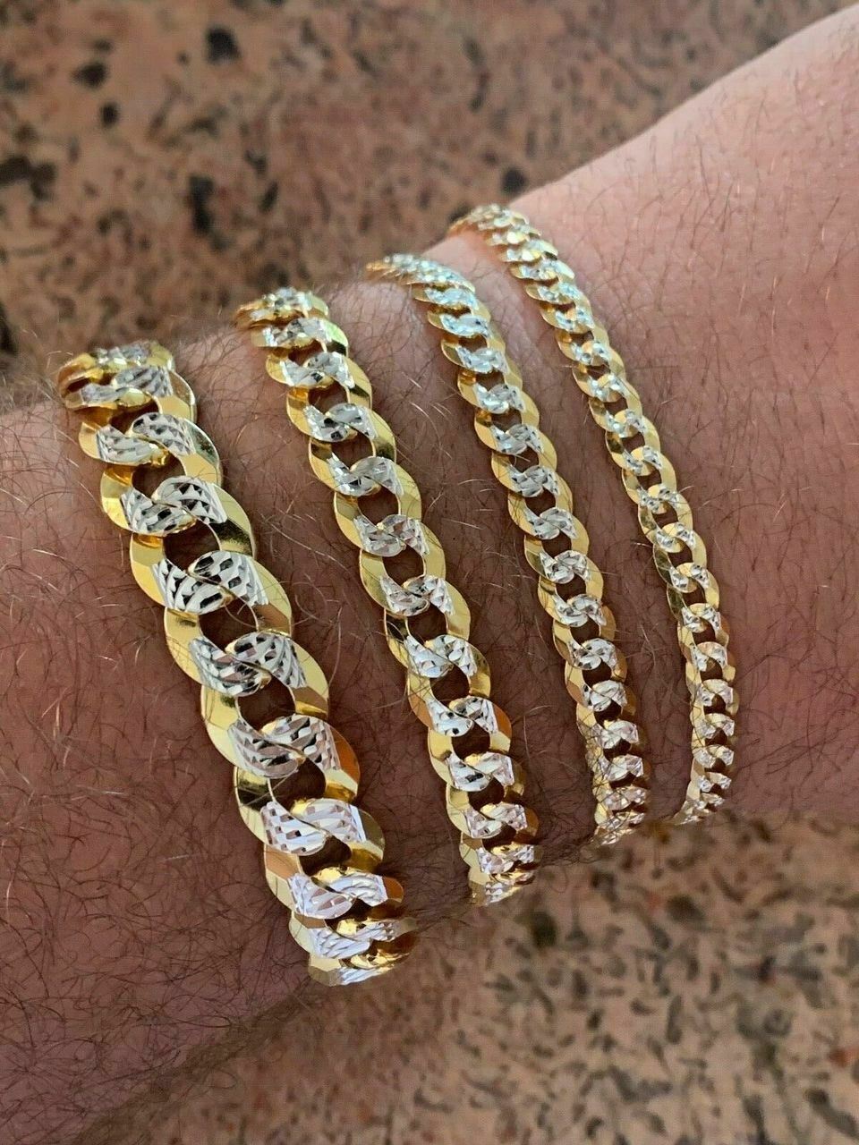 Solid 925 Sterling Silver 14k Gold Plated Cut Flat Miami Cuban Hip Hop Bracelet