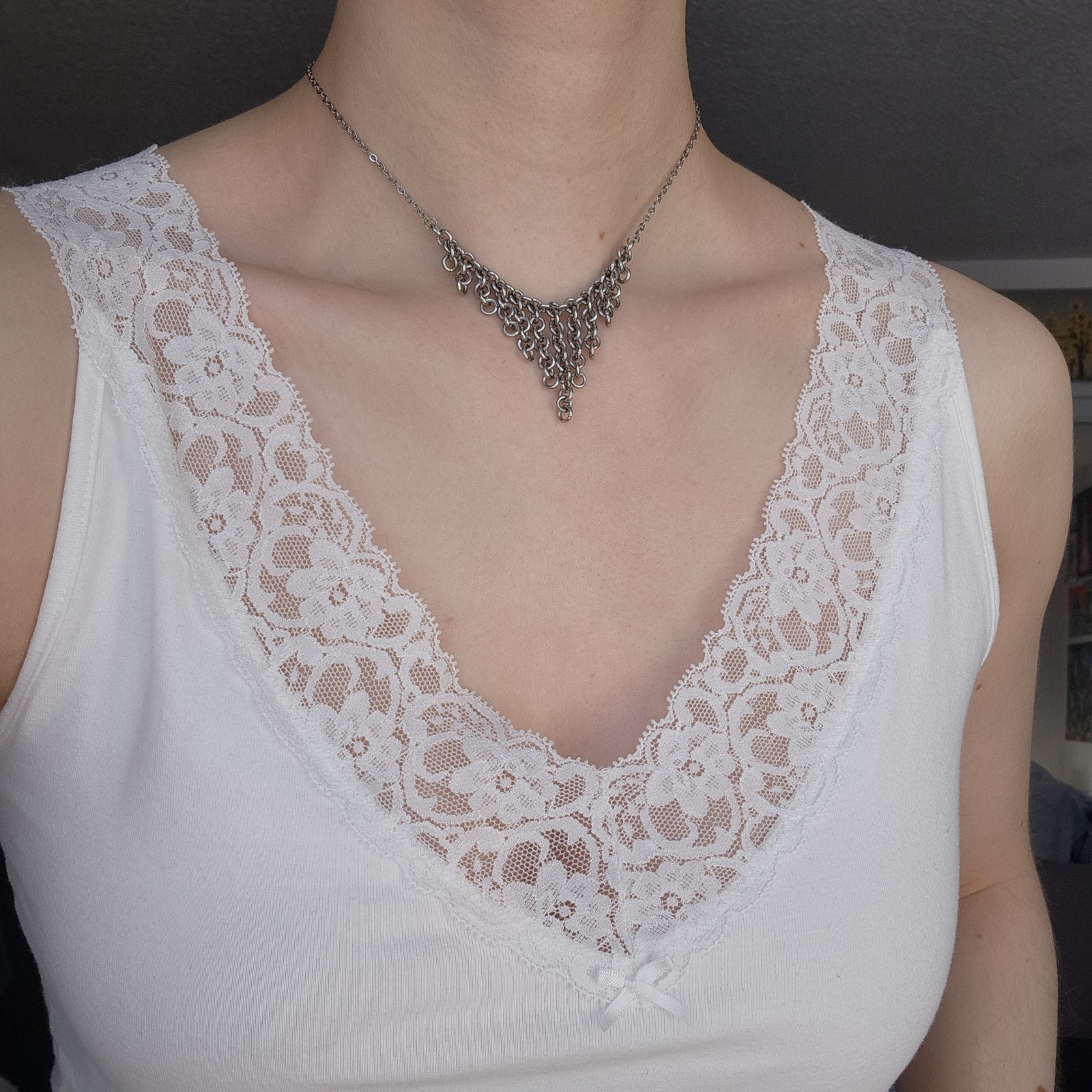 Vintage Medieval style V shape silver chainmail necklace made of stainless steel