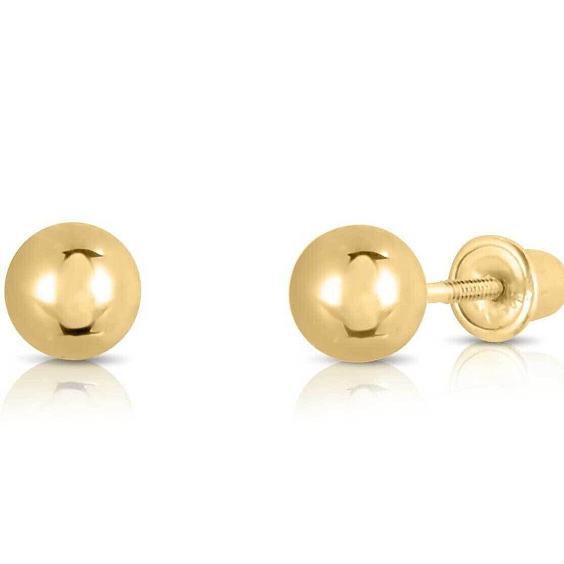14K Real Solid Gold Round Ball Bead Sleeper Studs Earrings Screw-back 3-8mm