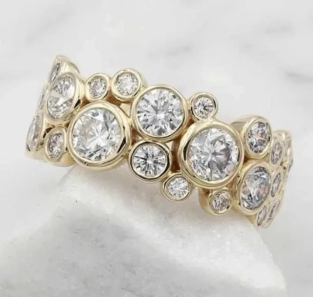 Bezel Set RoundCut Diamond 14K Yellow Gold PlatedBubble Style Eternity Band Ring