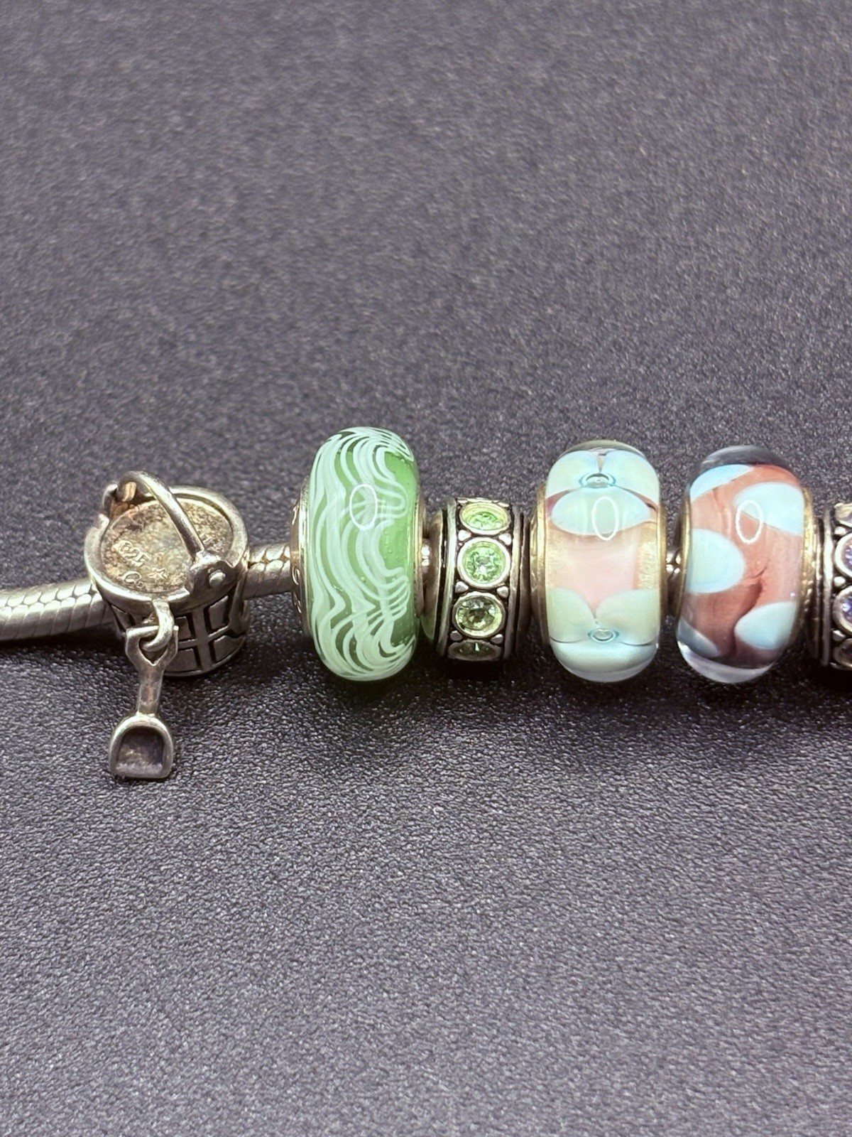 Chamilia Sterling Silver 925 Charm Bracelet 15 Murano Glass CZ Beads 7.5” 51g
