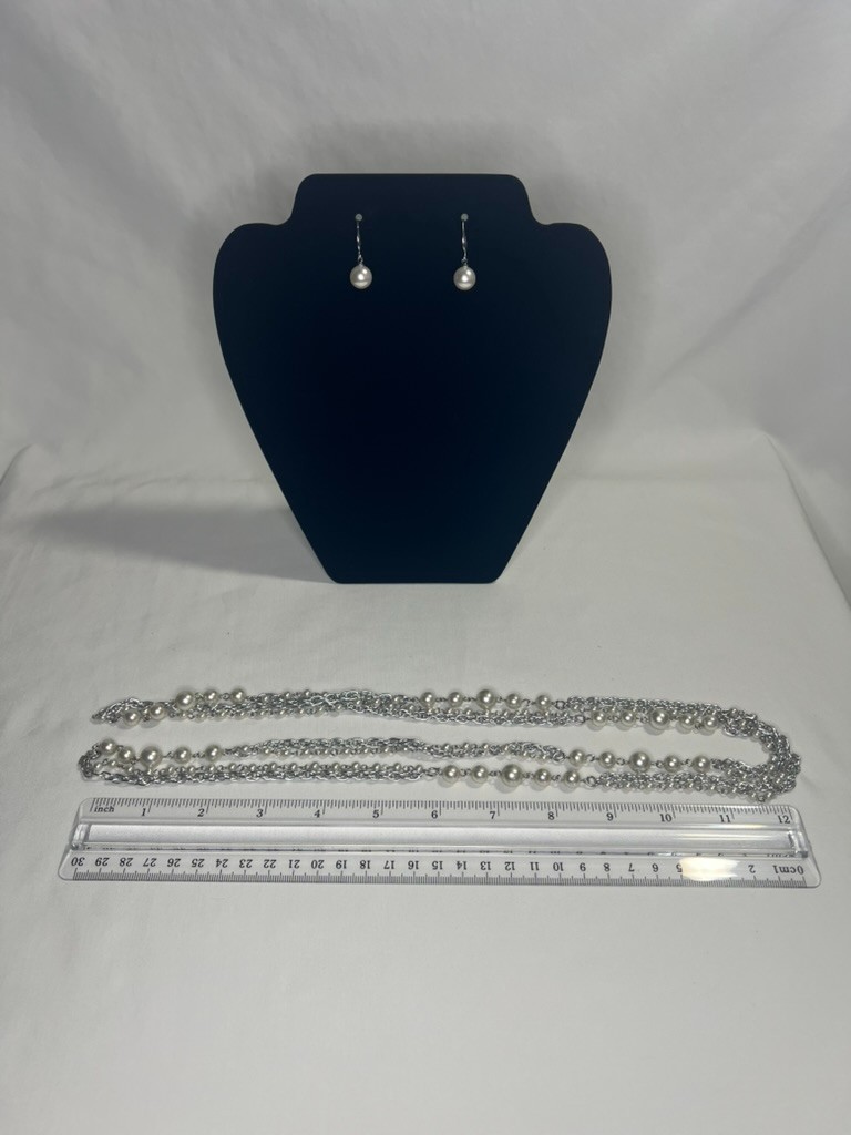 4Pc Faux Pearl Jewelry Set Layered Station Chain Necklace Dangle Earrings Silver