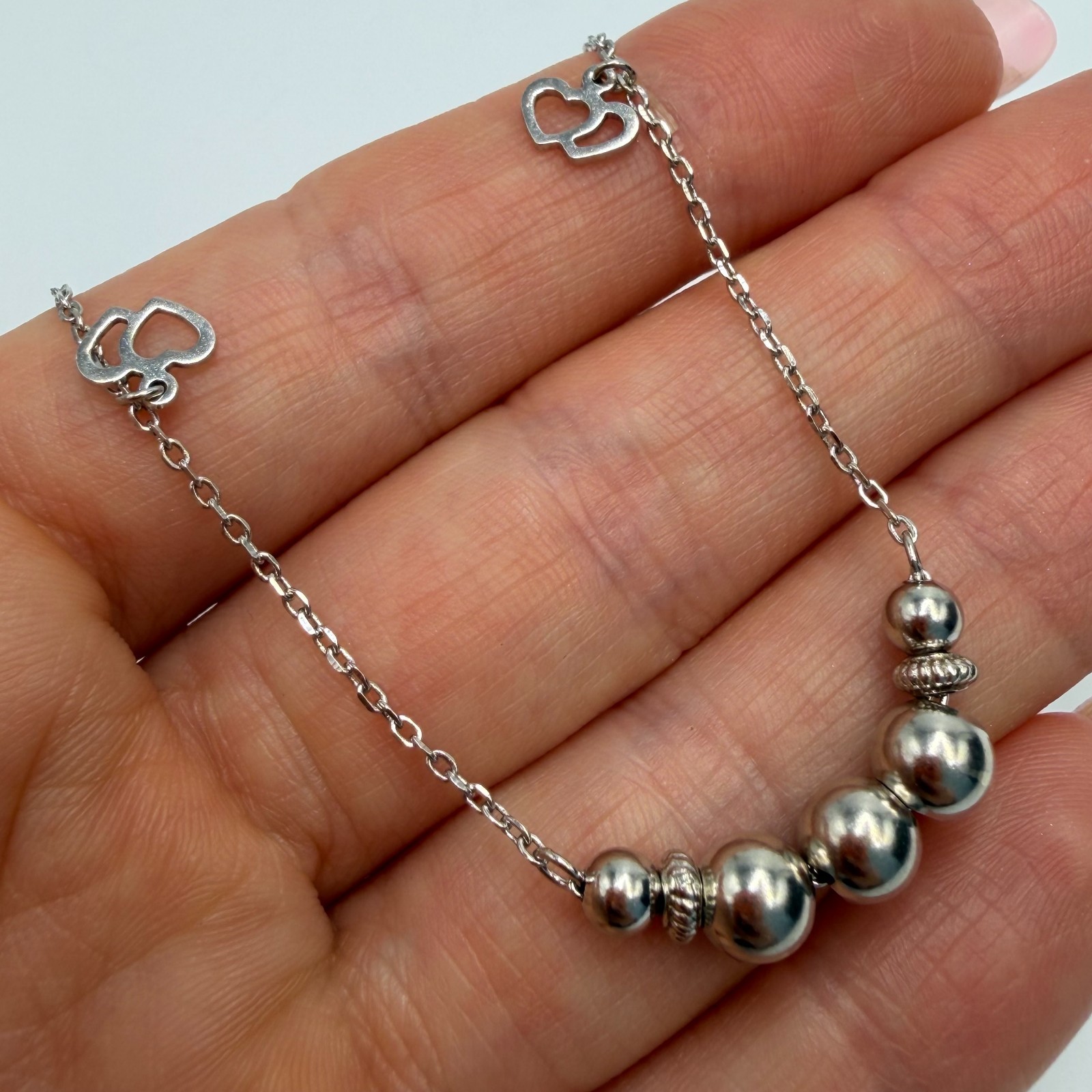 Sterling Silver Graduated Bead Heart Bracelet Adjustable Chain Link Women Gift
