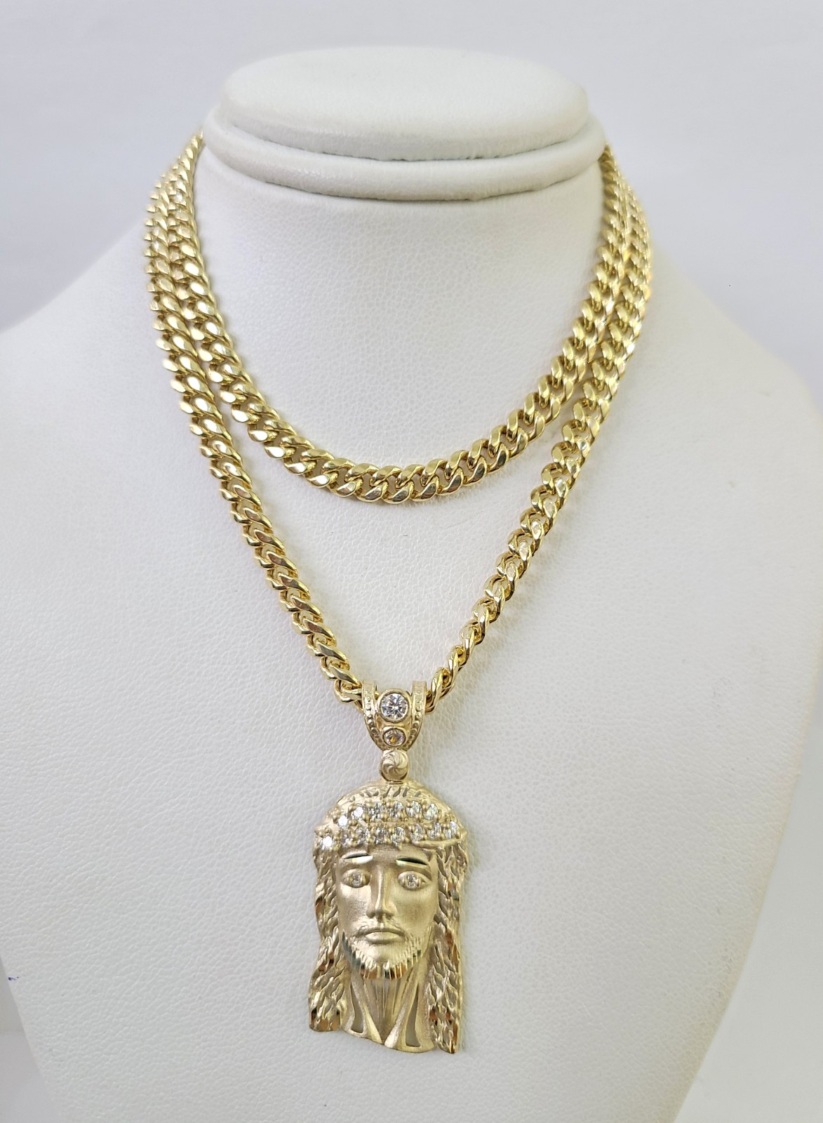 10k Gold Jesus Head Charm Miami Cuban Chain 5mm 18″-28″ Necklace Pendant Set