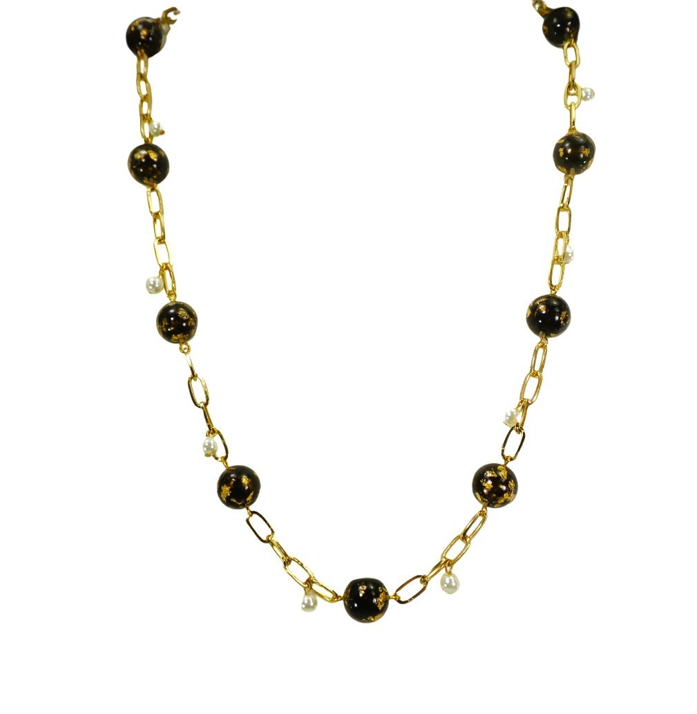 Black and gold leaf bead necklace with white pearls and gold link chain New