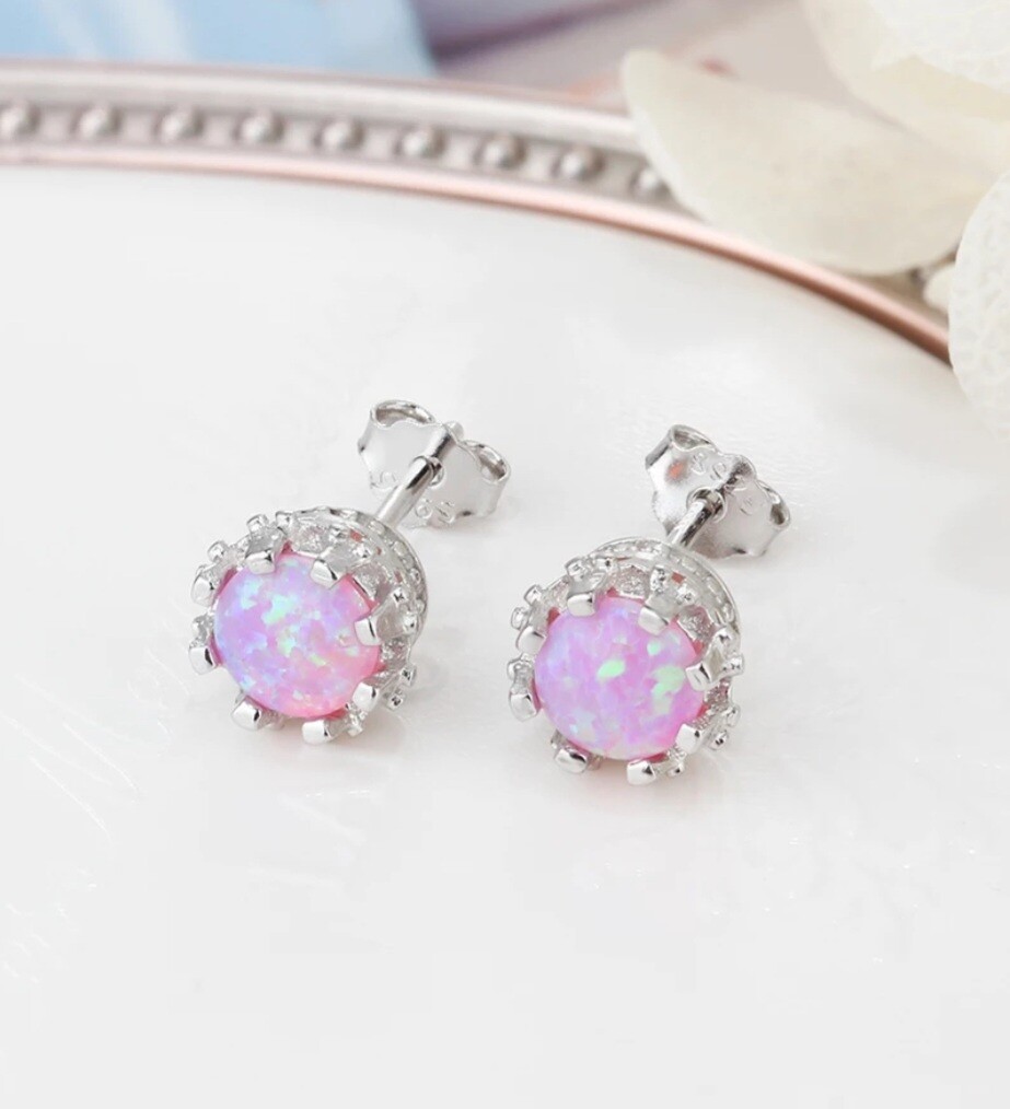 NEW Simple and Elegant 925 Silver Stud Earrings, White, Blue, Pink Fire Opal