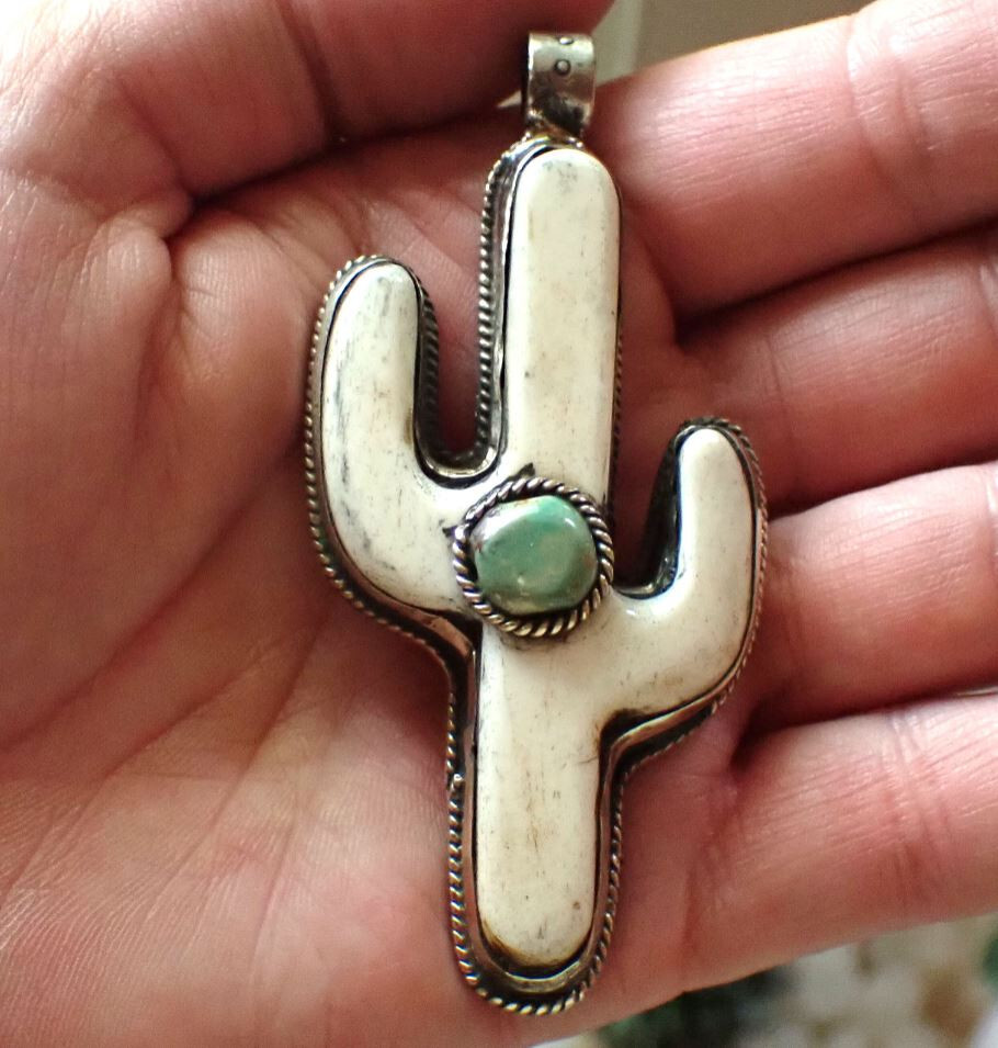 Big saguaro Cactus Pendant with Turquoise cab in Tibetan silver 2 3/8 in