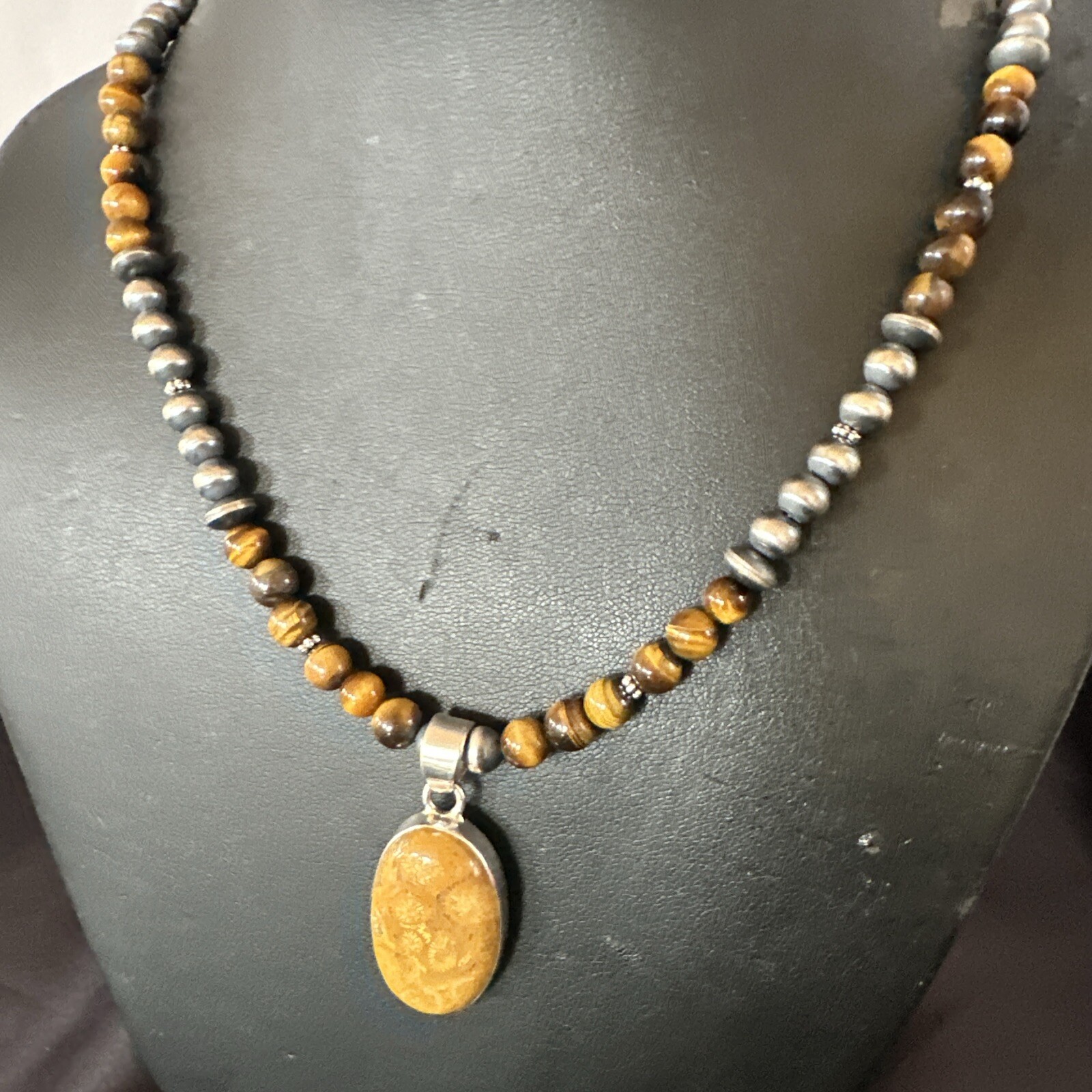 Coffee Brown Tigers Eye Sterling Silver Pendant Necklace Southwestern 18281