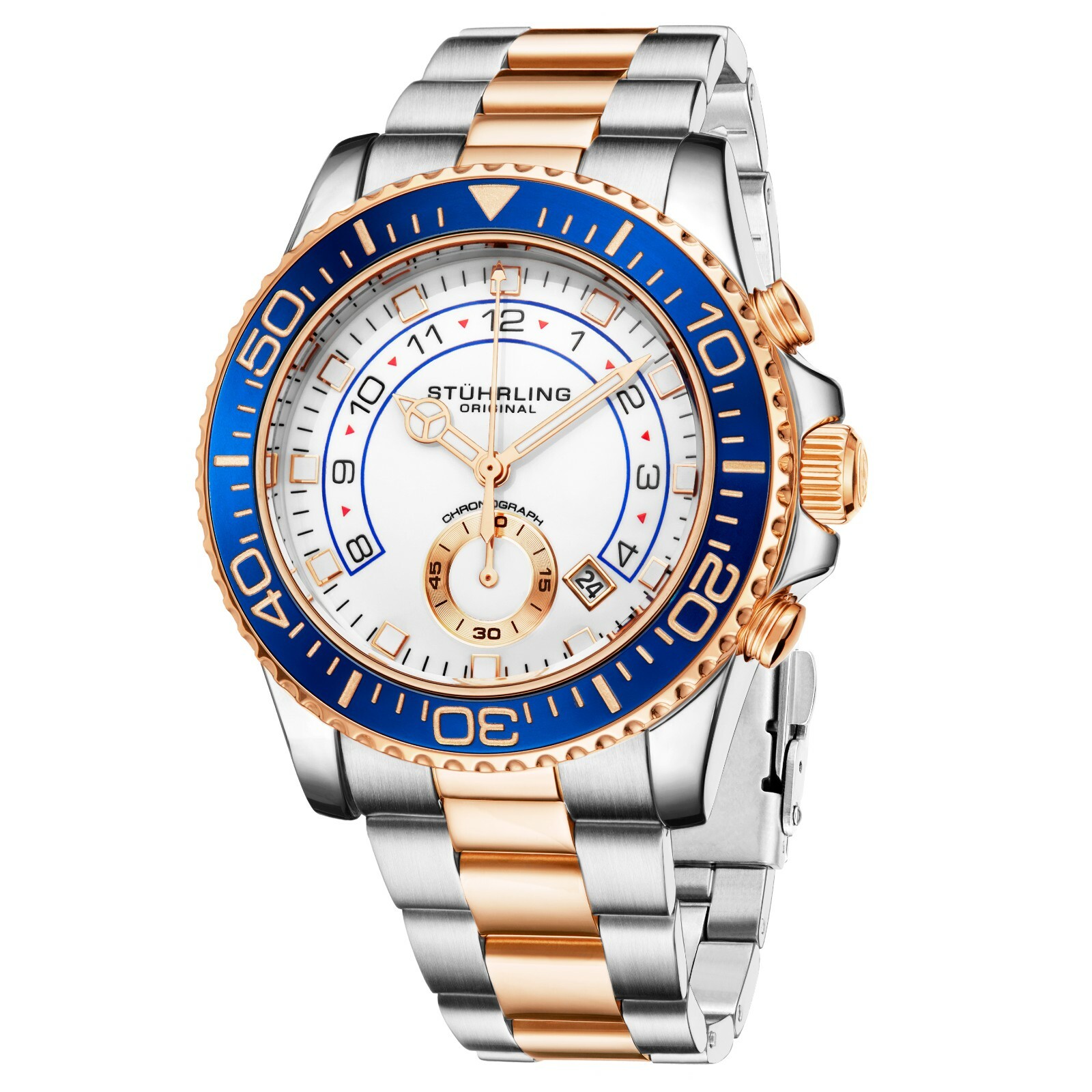 Stuhrling Men’s Chronograph Diver White & Rose Blue Bezel Silver & Rose Watch