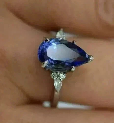 3.80Ct Pear Cut Natural Tanzanite Diamond Engagement Ring 14K White Gold Size 6