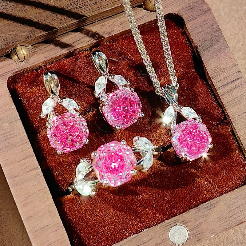 3pc Women Jewelry Set Klein Blue Topaz Gems Charm Silver Necklace Stud Earring