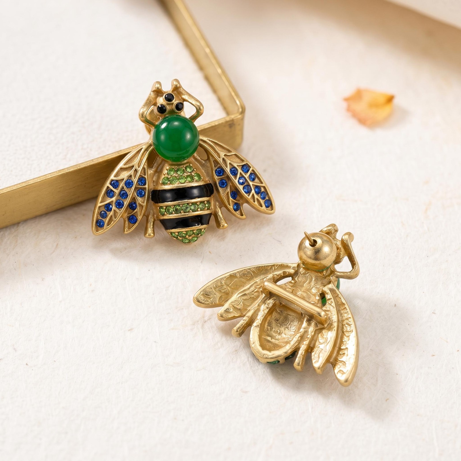 Antique Gold Bee Stud Earrings, Natural Stone Crystal Wings, Women’s Jewelry