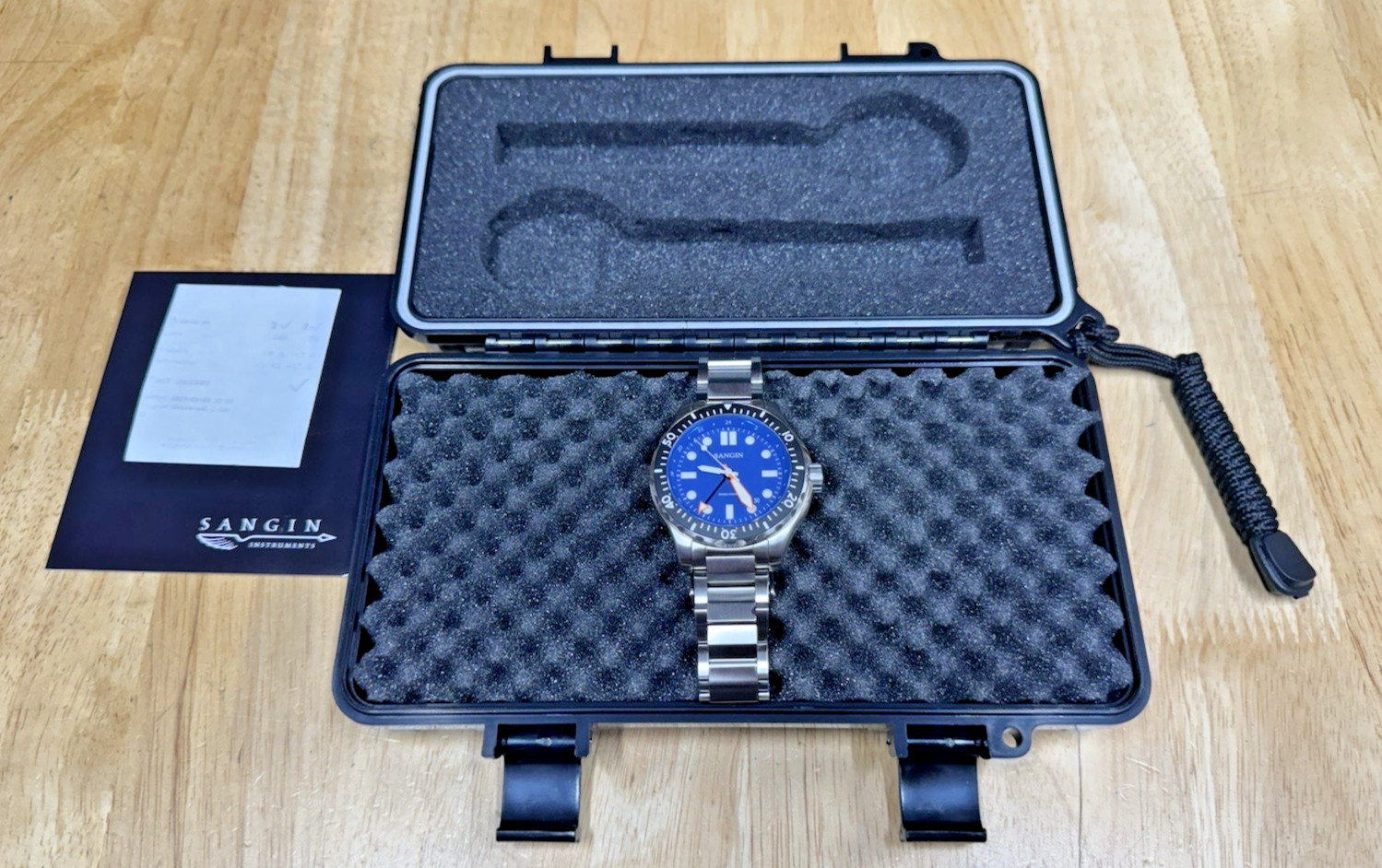 Sangin Professional Sea Blue Watch Brushed Rare Diplomat Bracelet Box Docs SOCAL