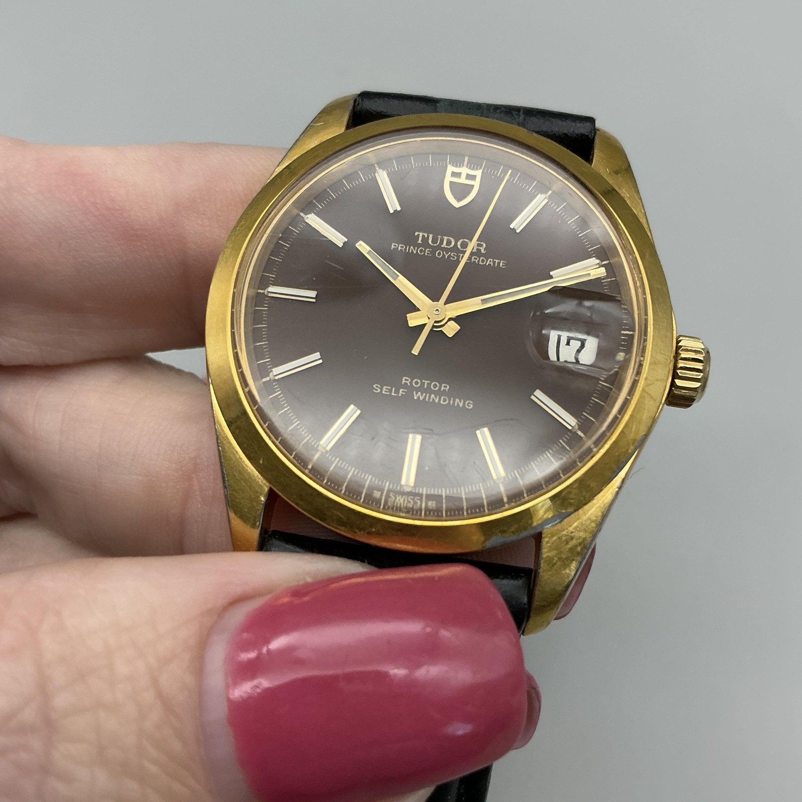 Vintage Tudor Prince Oysterdate Mens Watch 34mm Brown Dial Gold Plated Automatic