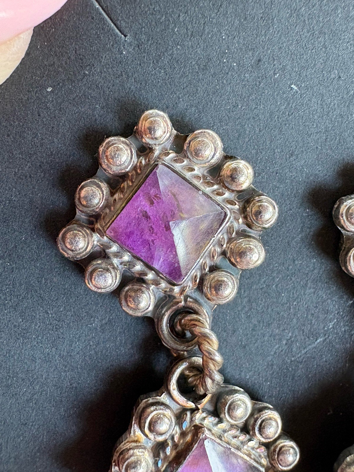 Vintage Pyramid Amethyst Sterling 2.75” Earrings 32g signed NM 925 Mexico RARE