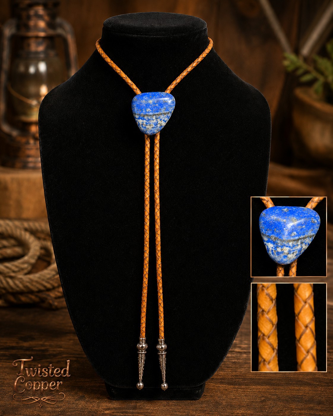 Twisted Copper’s Western Bolo Tie with Leather Cord Real SODALITE Stone. NEW