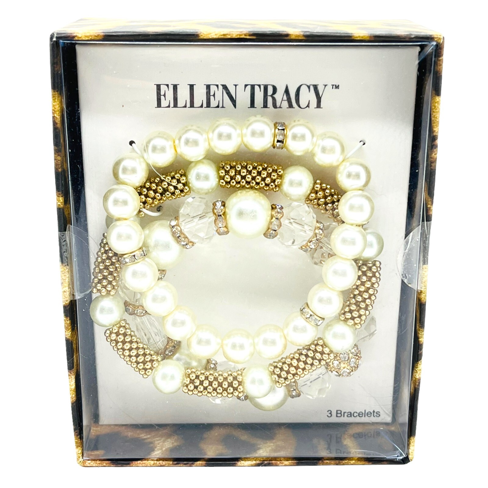 Ellen Tracy Bracelet Set Of Three Stretch Womens Gold Tone Faux Pearl Rhinestone