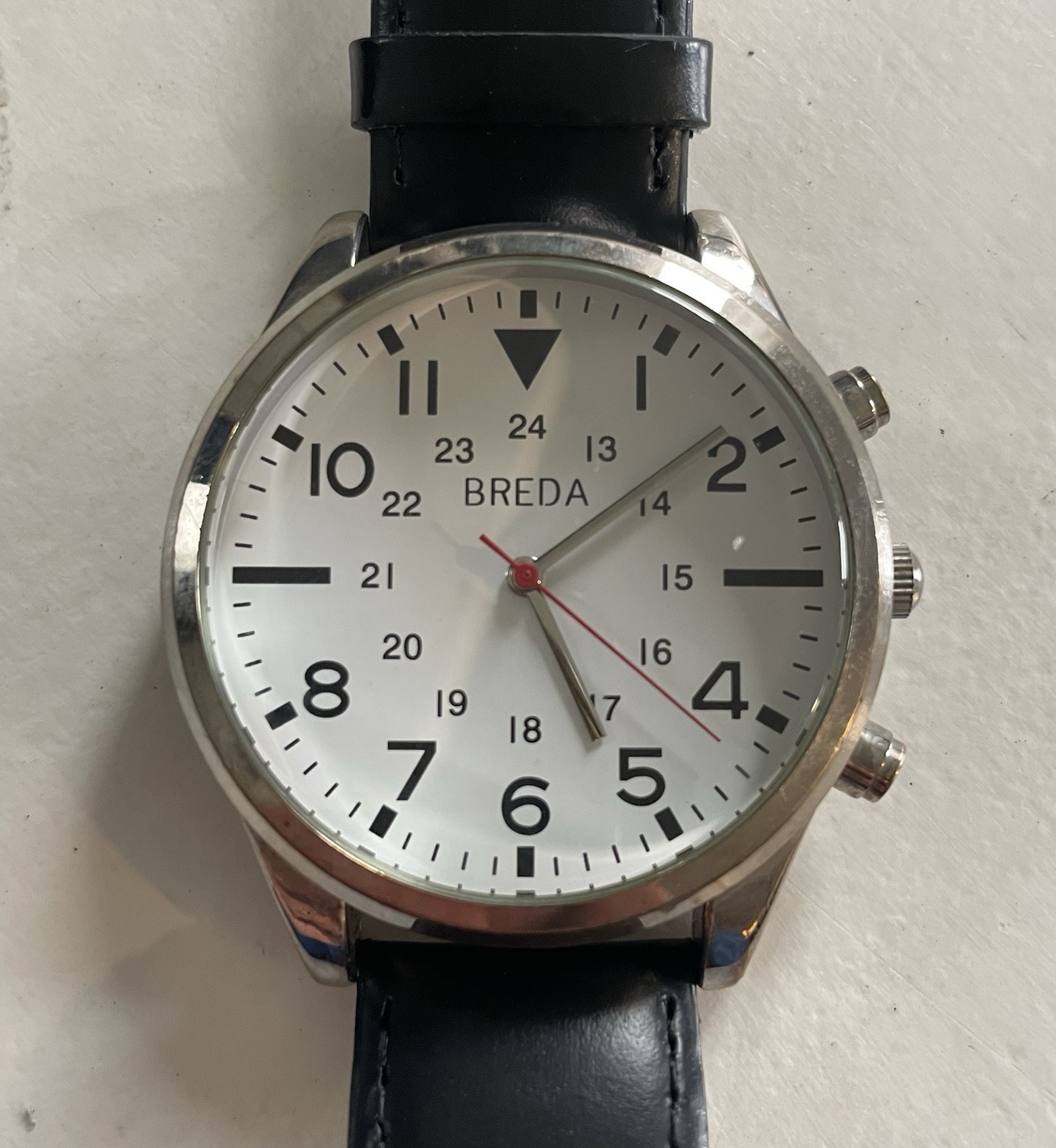 BREDA 2384A Watch Men White Dial Silver Tone Black Leather BATTERY NEEDED