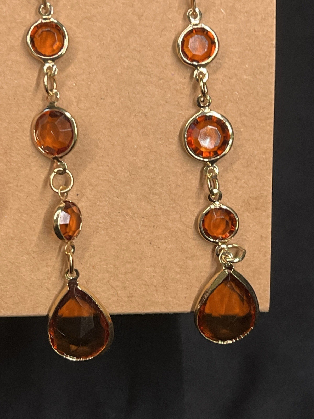 GOLD TONE FAUX CITRINE DANGLE EARRINGS 3.5”