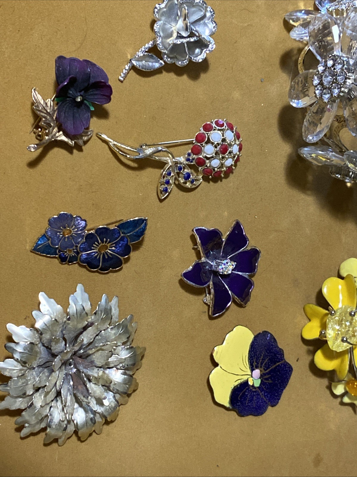 VTG Chunky Flower Cuff Bracelets (2) Metal Enamel Ceramic Flower Brooches Lot