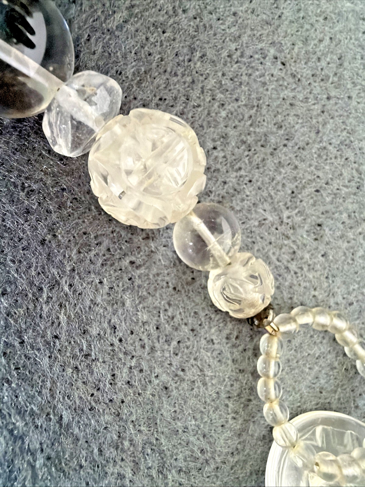 Handcrafted Necklace of Rock Crystal Quartz Beads with Chinese Long Life Symbols