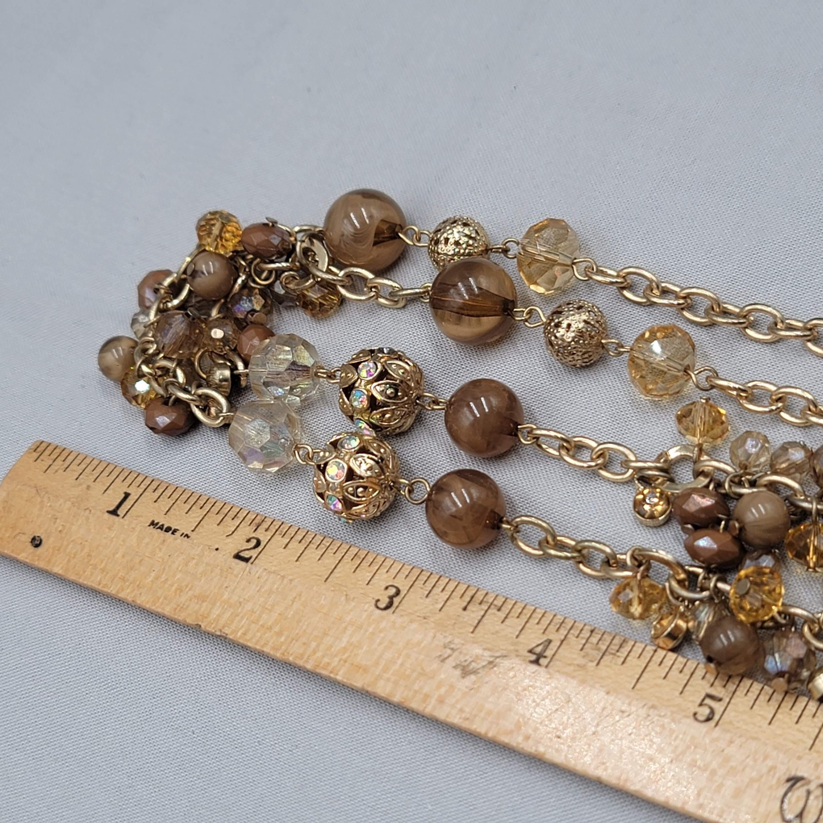 Gold Tone Beaded Station Necklace 36 in Brown Glass Filigree Beads Chain Womens