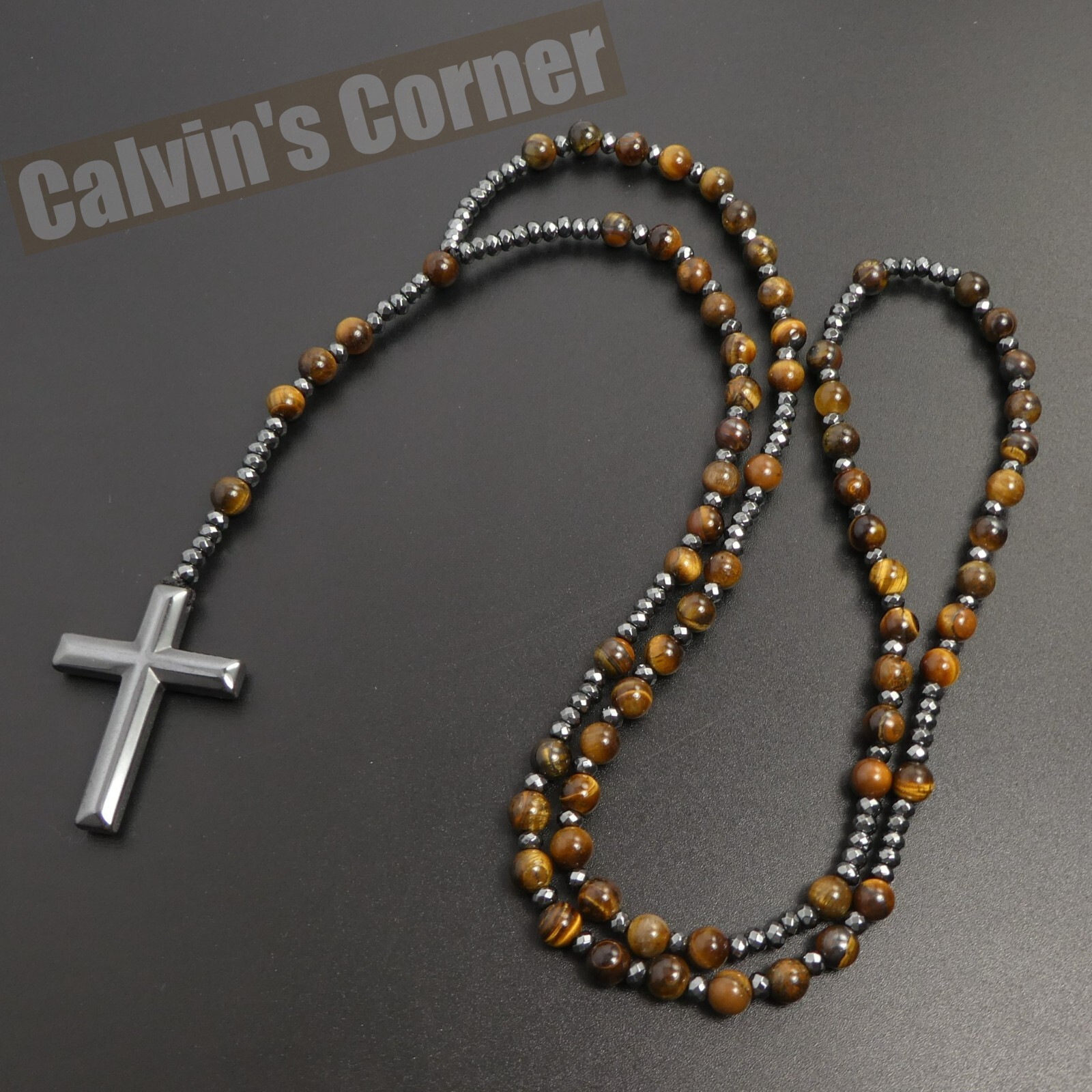 Tiger Eye Black Hematite Rosary Necklace Catholic Christ Cross Men Women Gift