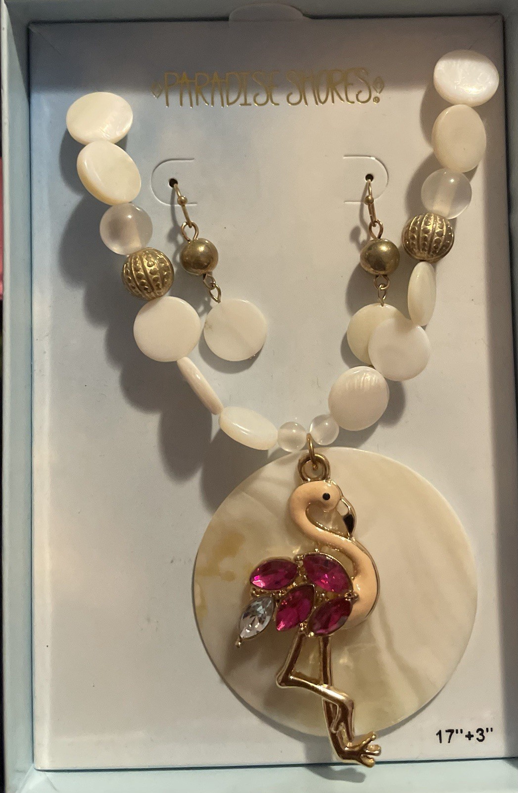 Paradise Shores Pink Flamingo & Shell Necklace & Earrings Set Tropical Jewelry